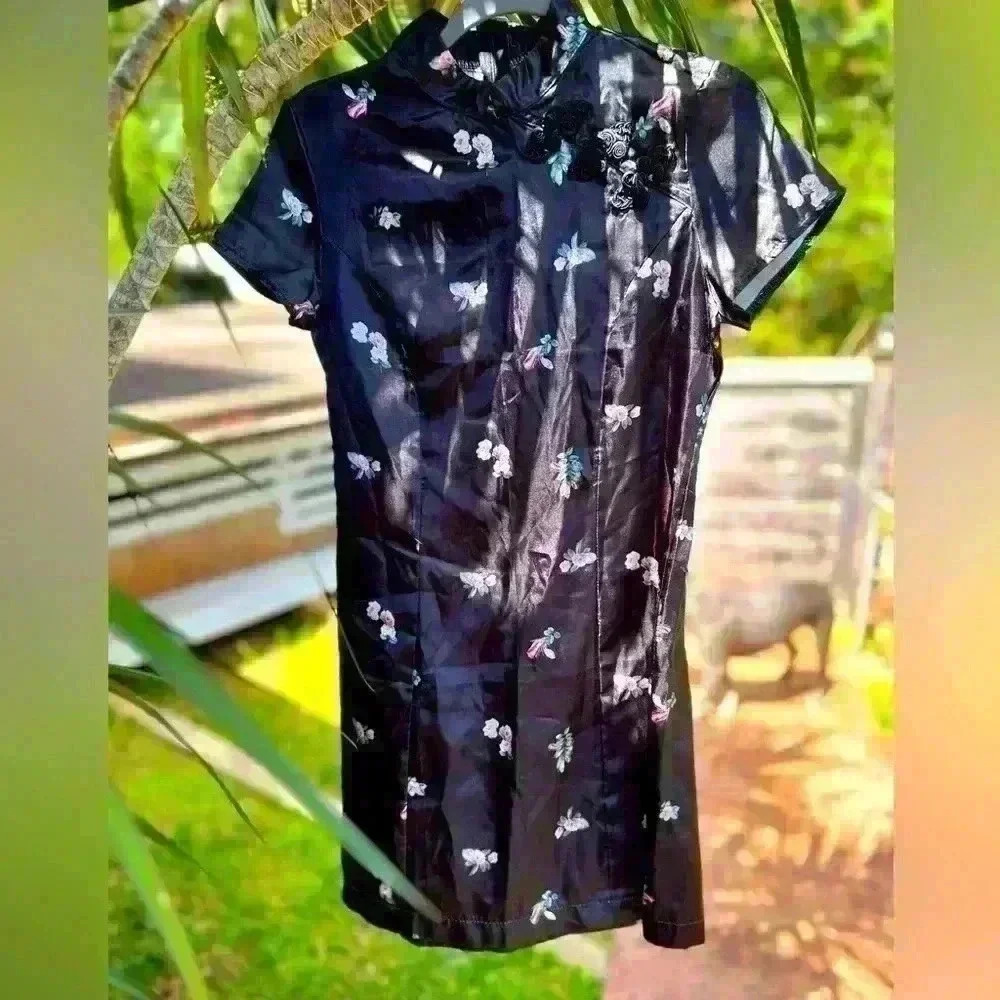 Girls Black Pink Satin Chinese Cheongsam Dress Size 12